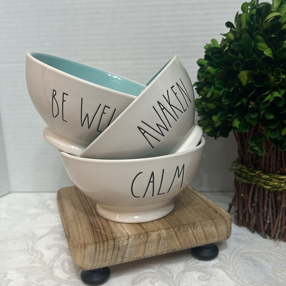 Rae Dunn Ceramic Bowls Awaken Be Well Calm Blue Set 3 - Picture 1 of 7
